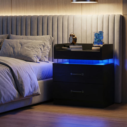 Nightstand with Charging Station & LED Lights – Modern Wooden Bedside End Table with Drawer & Storage, USB Charging Ports, for Bedroom & Living Room, Black or White, 1 or 2 Pack