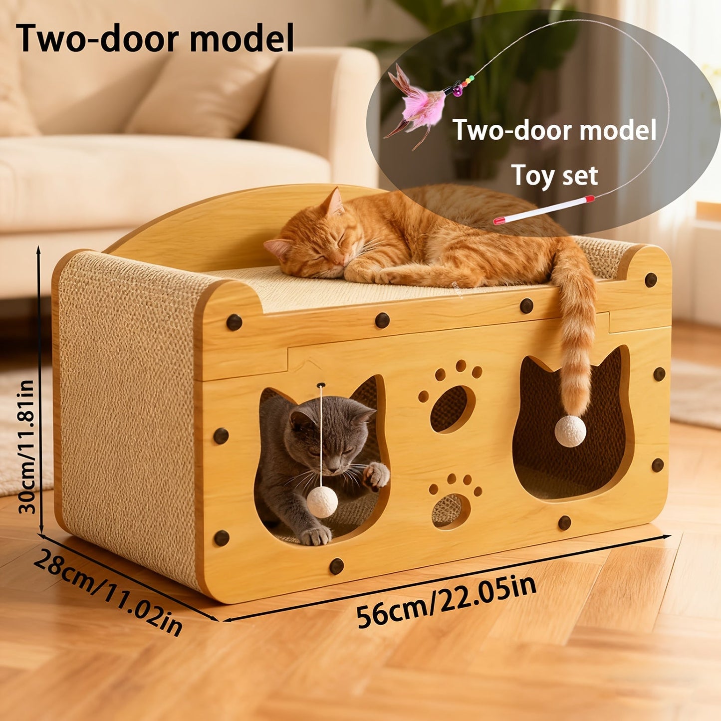 Cardboard Cat Scratching House – Durable Hideout & Bed with Feather Wand Toy, Ventilated Indoor Cat Scratcher, Available in 17.7" & 22" Sizes
