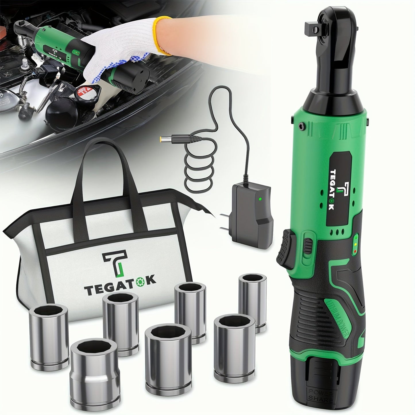 12V Cordless Ratchet Wrench Set 3/8" Drive 40 Ft-lbs – Variable Speed Trigger, Fast Charge, 7 Sockets, 1 or 2 Lithium-Ion Batteries for Automotive Repair, DIY & Valentine’s Day Gift for Men
