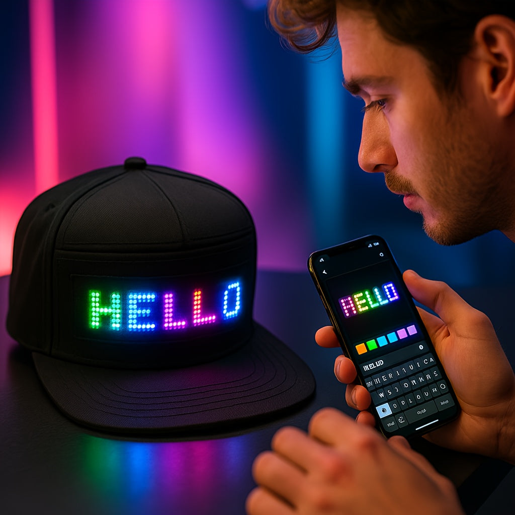 Programmable LED Hat with Scrollable Text & Animated Patterns – App-Controlled, Adjustable Woven Baseball Cap for Men, Black, Perfect for Parties, Festivals & Holidays