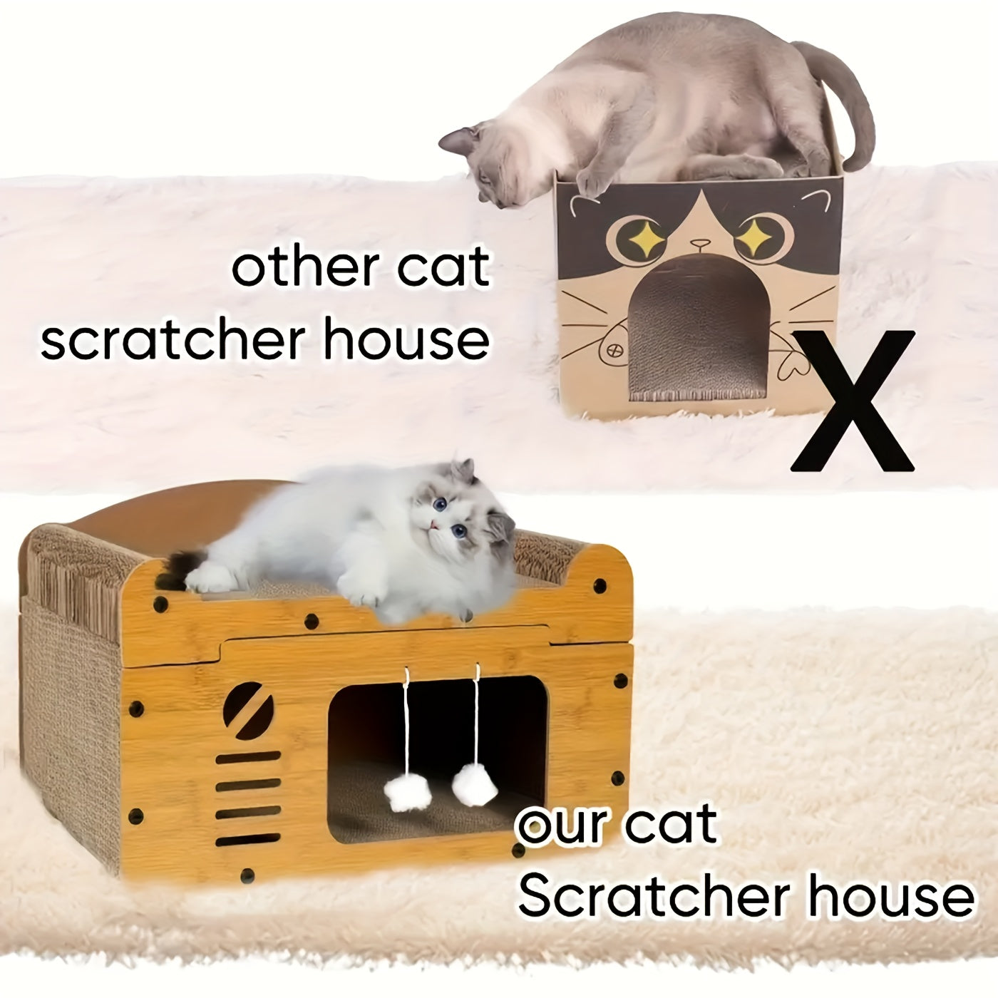 Cardboard Cat Scratching House – Durable Hideout & Bed with Feather Wand Toy, Ventilated Indoor Cat Scratcher, Available in 17.7" & 22" Sizes