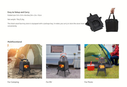 Portable Wood Burning Camp Stove – Heavy-Duty Iron Campfire Stove with Sturdy Legs & Air Vents, Firewood & Charcoal Compatible, No Electricity Needed, Outdoor Cooking for Hiking Backpacking BBQ Picnic Travel