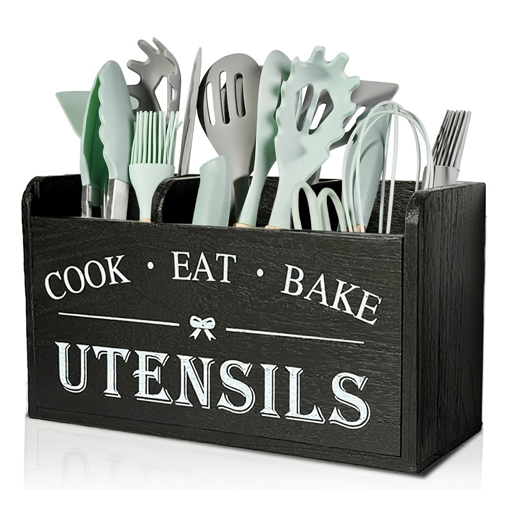 Rustic Wooden Kitchen Utensil Organizer with Handle & 3 Compartments – Countertop or Wall Mount Caddy for Cooking, Dining & Baking Tools – Farmhouse Kitchen Storage in White & Black