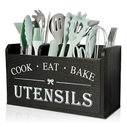 Rustic Wooden Kitchen Utensil Organizer with Handle & 3 Compartments – Countertop or Wall Mount Caddy for Cooking, Dining & Baking Tools – Farmhouse Kitchen Storage in White & Black