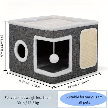 Multi-Layer Cat House with 2-Tier Bed, Toy Tunnel, Foldable Scratching Post & Cozy Mat – All-Season Indoor Cat Condo with Plush Hanging Ball, Nylon Frame & Canvas, Foldable Design