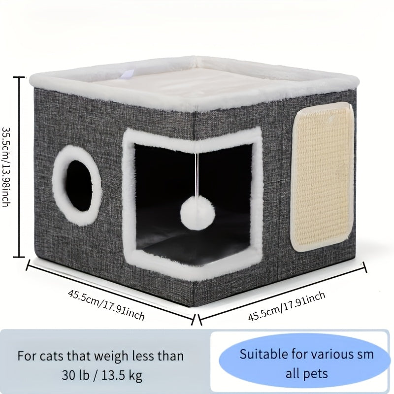 Multi-Layer Cat House with 2-Tier Bed, Toy Tunnel, Foldable Scratching Post & Cozy Mat – All-Season Indoor Cat Condo with Plush Hanging Ball, Nylon Frame & Canvas, Foldable Design