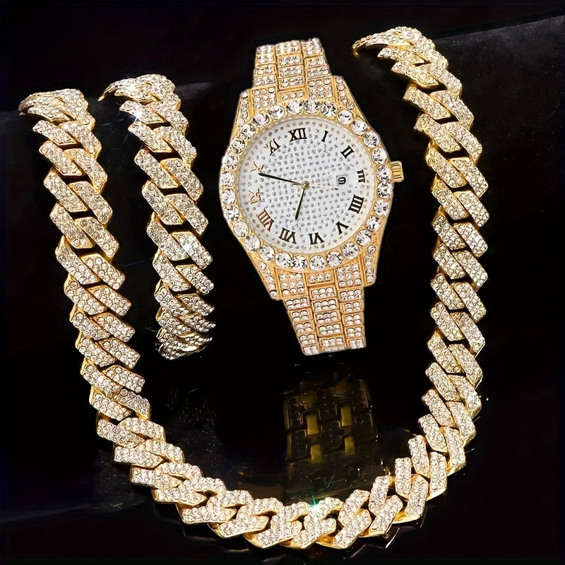 Men's Hip Hop Rhinestone Bling Watch Set with Waterfall Chain Bracelet & Necklace – Sparkling Quartz Watch Jewelry Set for Men, 3pc & 5pc, Perfect Holiday Gift