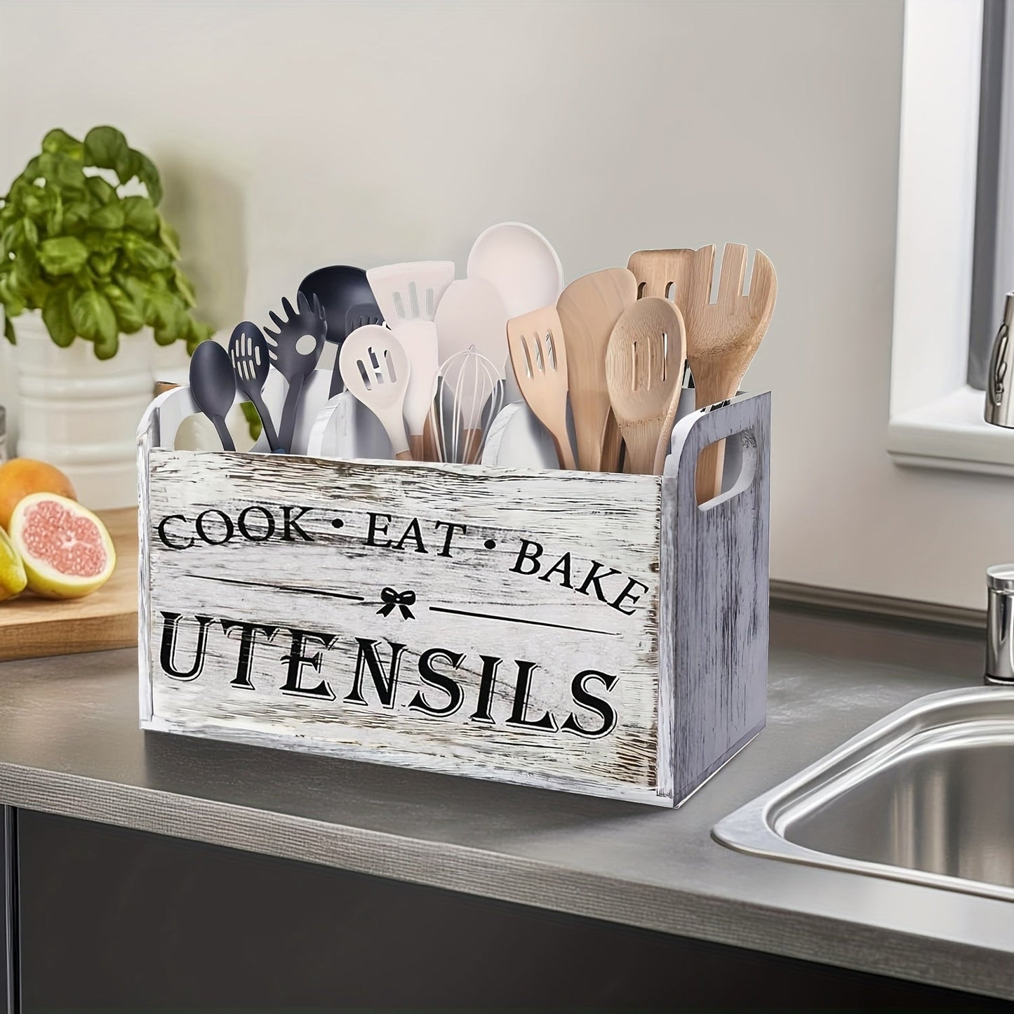 Rustic Wooden Kitchen Utensil Organizer with Handle & 3 Compartments – Countertop or Wall Mount Caddy for Cooking, Dining & Baking Tools – Farmhouse Kitchen Storage in White & Black