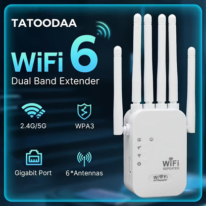 WiFi 6 Range Extender 1200Mbps Dual Band 2.4GHz 5GHz Mesh Network Booster 6 Antenna High Speed Signal Amplifier One-Click Setup Full Home Coverage for Smart TV Gaming Console Smartphone Tablet