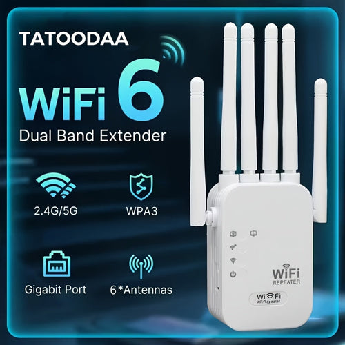WiFi 6 Range Extender 1200Mbps Dual Band 2.4GHz 5GHz Mesh Network Booster 6 Antenna High Speed Signal Amplifier One-Click Setup Full Home Coverage for Smart TV Gaming Console Smartphone Tablet
