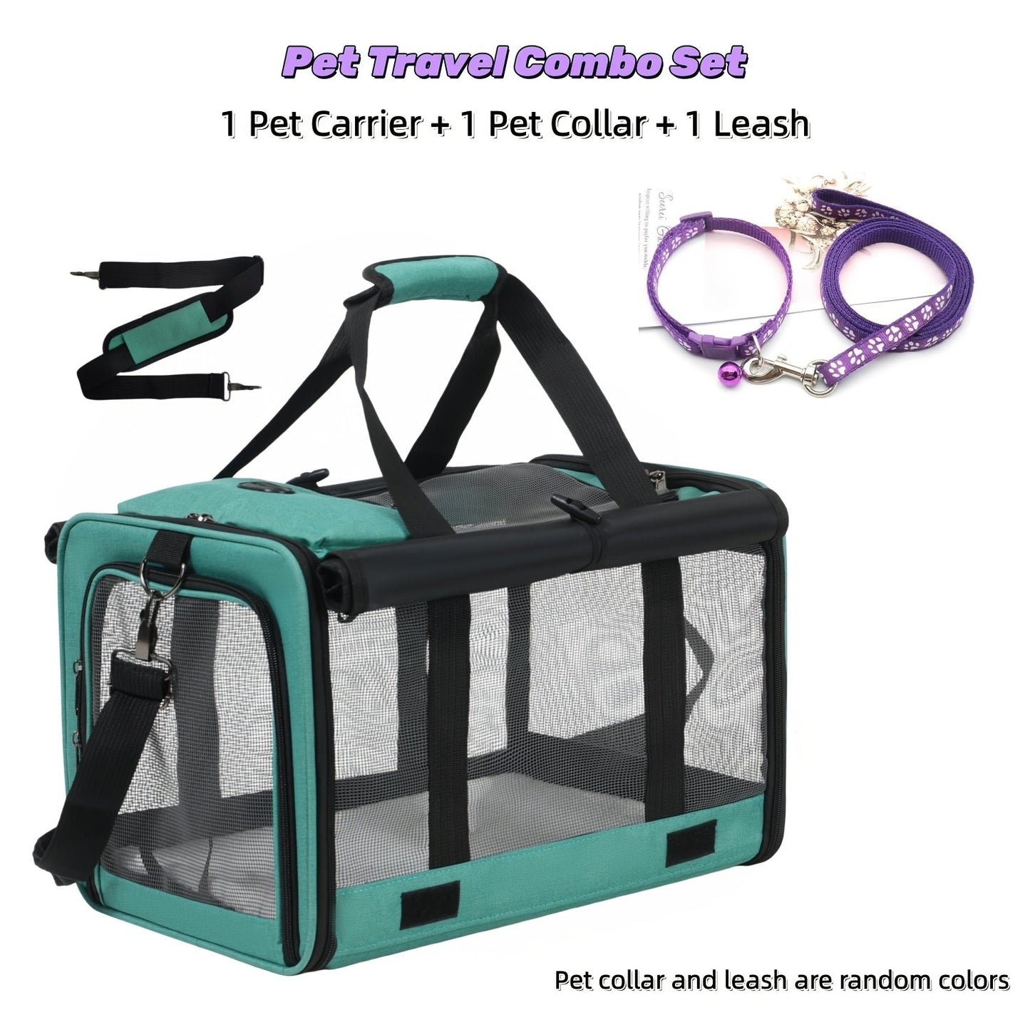Airline Approved Soft-Sided Pet Carrier for Cats and Small Dogs - Breathable Collapsible Oxford Cloth Travel Crate with Privacy Cover Zipper Closure, Combo Set with Leash and Collar Included