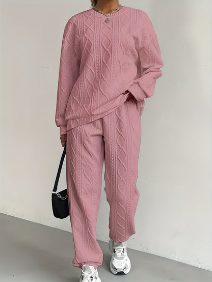 Women's 2-Piece Pullover Sweatsuit Set – Textured Jacquard Crewneck Long Sleeve Top & Sweatpants Tracksuit Breathable Casual Loungewear for Spring Summer S-XXL
