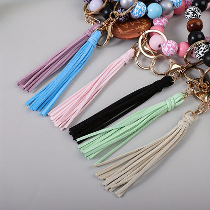MAMA Wooden Bead Keychain Set 6pcs – Printed Wooden Plaque Charm, Tassel Wrist Key Ring, Anti-Loss Car Keychain & Backpack Accessory, Perfect Mother's Day & Holiday Gift for Mom