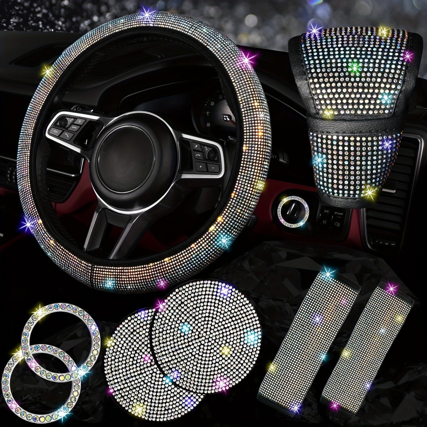 8pc Rhinestone Bling Car Accessories Set for Women – Steering Wheel Cover, Coasters, Seatbelt Pads, Starter Rings & Shift Knob Cover, 7 Colors, Sparkly Glitter Interior Kit