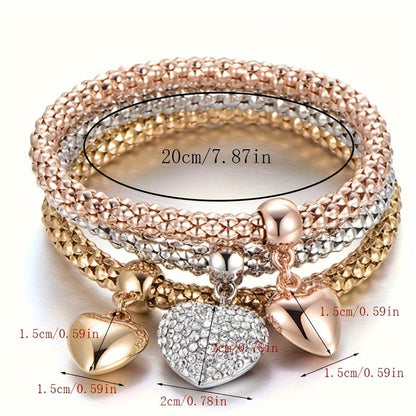 3PC Stainless Steel Stackable Bracelet Set for Women – Gold Silver Rose Gold Corn Chain & Heart Tree of Life Elastic Bracelet, Hypoallergenic Daily & Party Wear