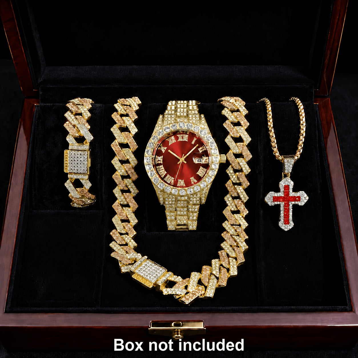 Cuban Link Hip Hop Jewelry Set for Men & Women – Necklace Pendant Bracelet & Blue Dial Watch, Unisex Streetwear Bling, Gold & Silver Tone, Party Daily Gift