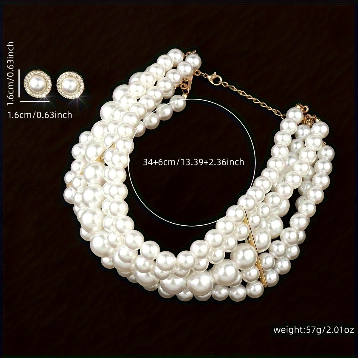 French Style Pearl Multi-Layer Necklace and Round Geometric Earrings Jewelry Set Gold Tone Elegant Women Banquet Wedding Gift
