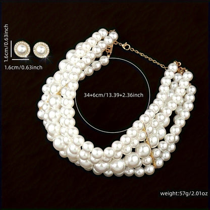 French Style Pearl Multi-Layer Necklace and Round Geometric Earrings Jewelry Set Gold Tone Elegant Women Banquet Wedding Gift