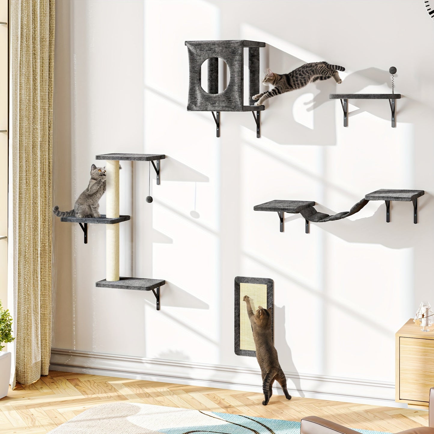 Cat Wall Shelves 5-Piece Set - Wall-Mounted Floating Cat Perch, Climber & Bridge, Modern Cat Furniture for Indoor Cats, Cat Tree Alternative with Cat Bed Platform, Space-Saving Cat House