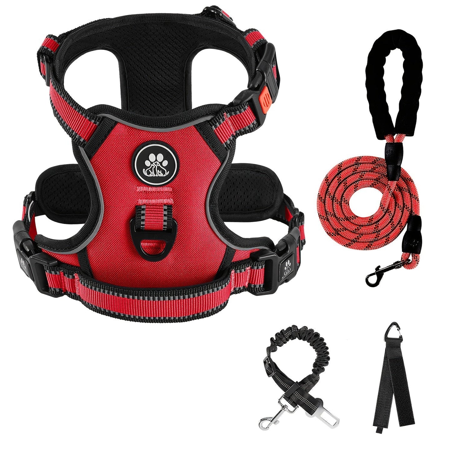 No Pull Dog Harness Set with Leash Retractable Seatbelt & Collar – Fully Reflective Adjustable Breathable Vest Harness with Handle for Small & Large Dogs XS–XL