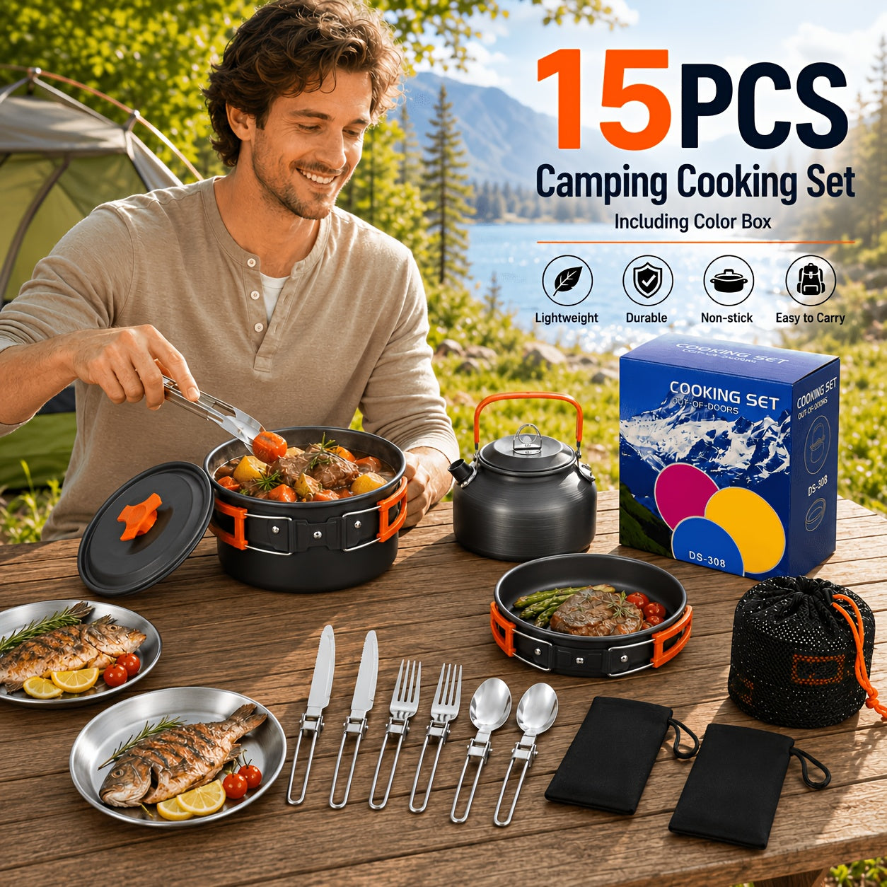 Camping Cookware Mess Kit 8/9/14/15 Piece, Portable Non-Stick Aluminum Alloy Camp Cook Set with Kettle Pot Frying Pan Plates Utensils, Lightweight Backpacking Outdoor Cooking Gear for Hiking & Travel