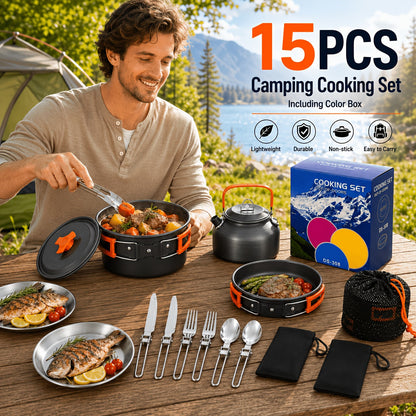 Camping Cookware Mess Kit 8/9/14/15 Piece, Portable Non-Stick Aluminum Alloy Camp Cook Set with Kettle Pot Frying Pan Plates Utensils, Lightweight Backpacking Outdoor Cooking Gear for Hiking & Travel