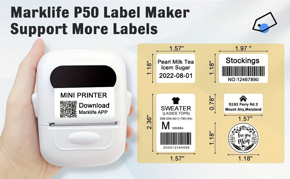 P50 Portable Bluetooth Thermal Label Printer – Wireless Mini Label Maker for Home, Office, Retail, Clothing, Jewelry & Food, Compatible with Android & iOS, Includes 40x30mm White Label Roll