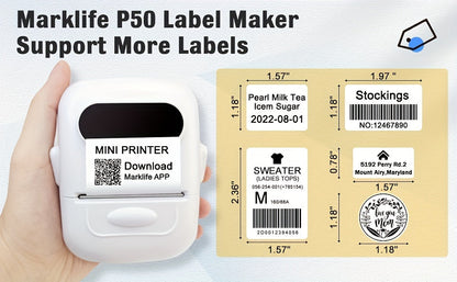 P50 Portable Bluetooth Thermal Label Printer – Wireless Mini Label Maker for Home, Office, Retail, Clothing, Jewelry & Food, Compatible with Android & iOS, Includes 40x30mm White Label Roll
