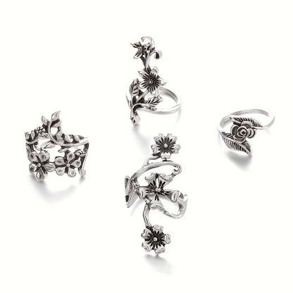 925 Sterling Silver Vintage Stackable Floral Ring Set for Women – 4 Piece Boho Stacking Rings, Elegant Minimalist Band Jewelry, Perfect Gift for Her Birthday Anniversary Christmas