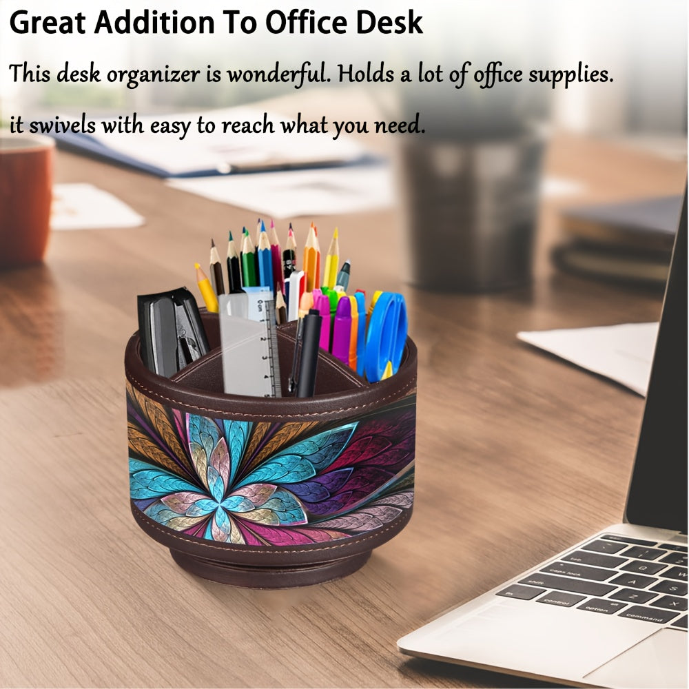 360° Swivel Pen Holder with 4 Compartments – PU Leather Rotating Desk Organizer for Office Supplies, Art Supplies, Remote Controls, Glasses & Accessories, Stylish Pencil Case Storage Box