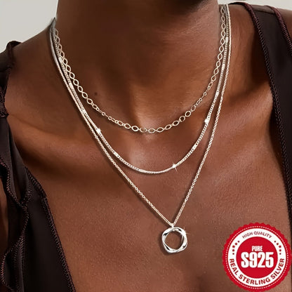 925 Sterling Silver Multi-Layer Necklace with Round Pendant – Trendy Stacking Design for Women & Girls, Elegant Layered Jewelry for Party, Vacation & Gift