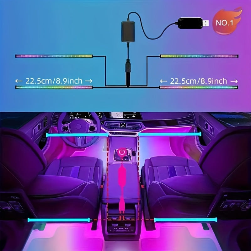 4pcs LED Car Interior Light Strip RGB Music Sync – 48 Color USB Remote Control Under Dash Ambient Lighting Kit for Car Truck SUV Van – Easy Install, No Battery Needed