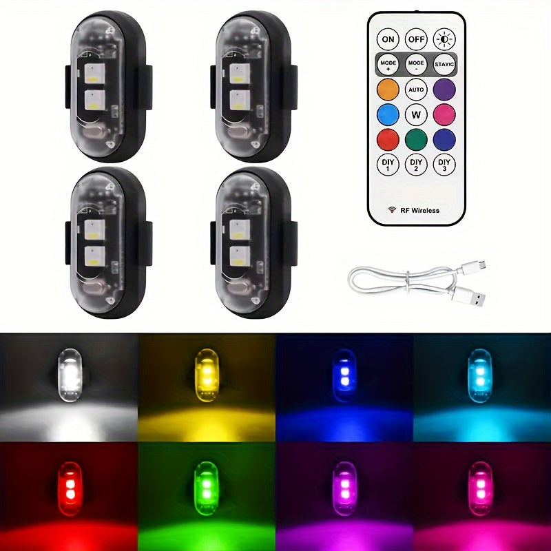Wireless LED Strip Lights 8-Color Anti-Collision Warning Light with Remote Control – USB Rechargeable Waterproof LED Strips for Car Motorcycle Drone Bike, 4-Pack & 6-Pack
