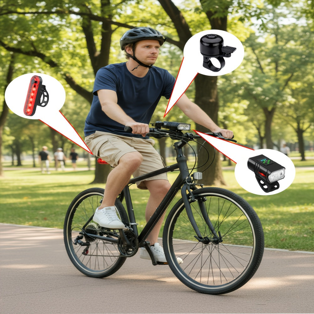 Super Bright USB Rechargeable Bike Light Set – LED Front Headlight 1200mAh & Rear Taillight 330mAh, 6+4 Modes, 180° Wide Beam, Safety Bell Included, for Mountain Road & Night Cycling
