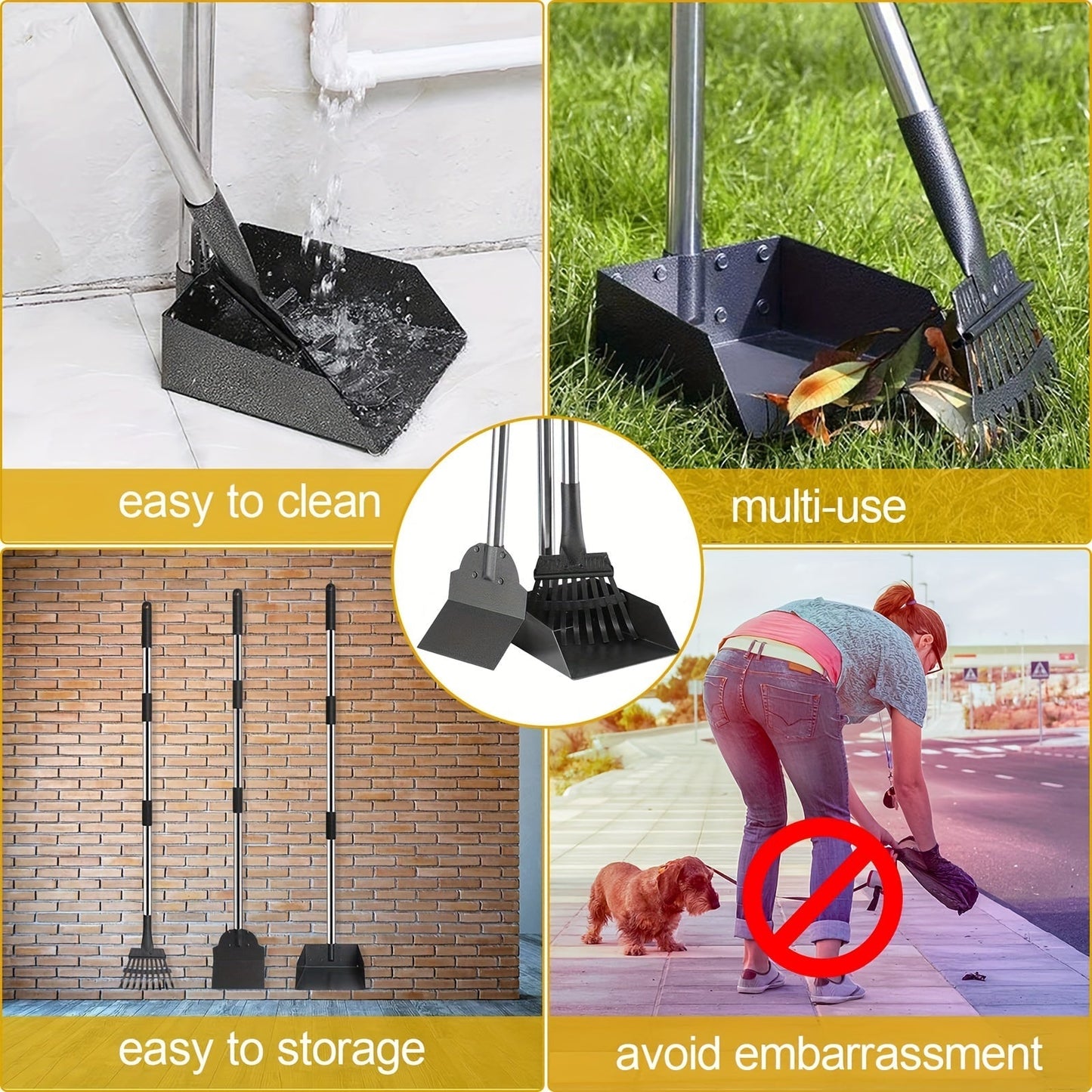 Stainless Steel Dog Pooper Scooper Set with Adjustable Long Handle – Rust-Proof Tray & Rake Pet Waste Removal Tool, No Bending, Easy to Clean, Ideal for All Dog Breeds, Outdoor Yard & Grass Use