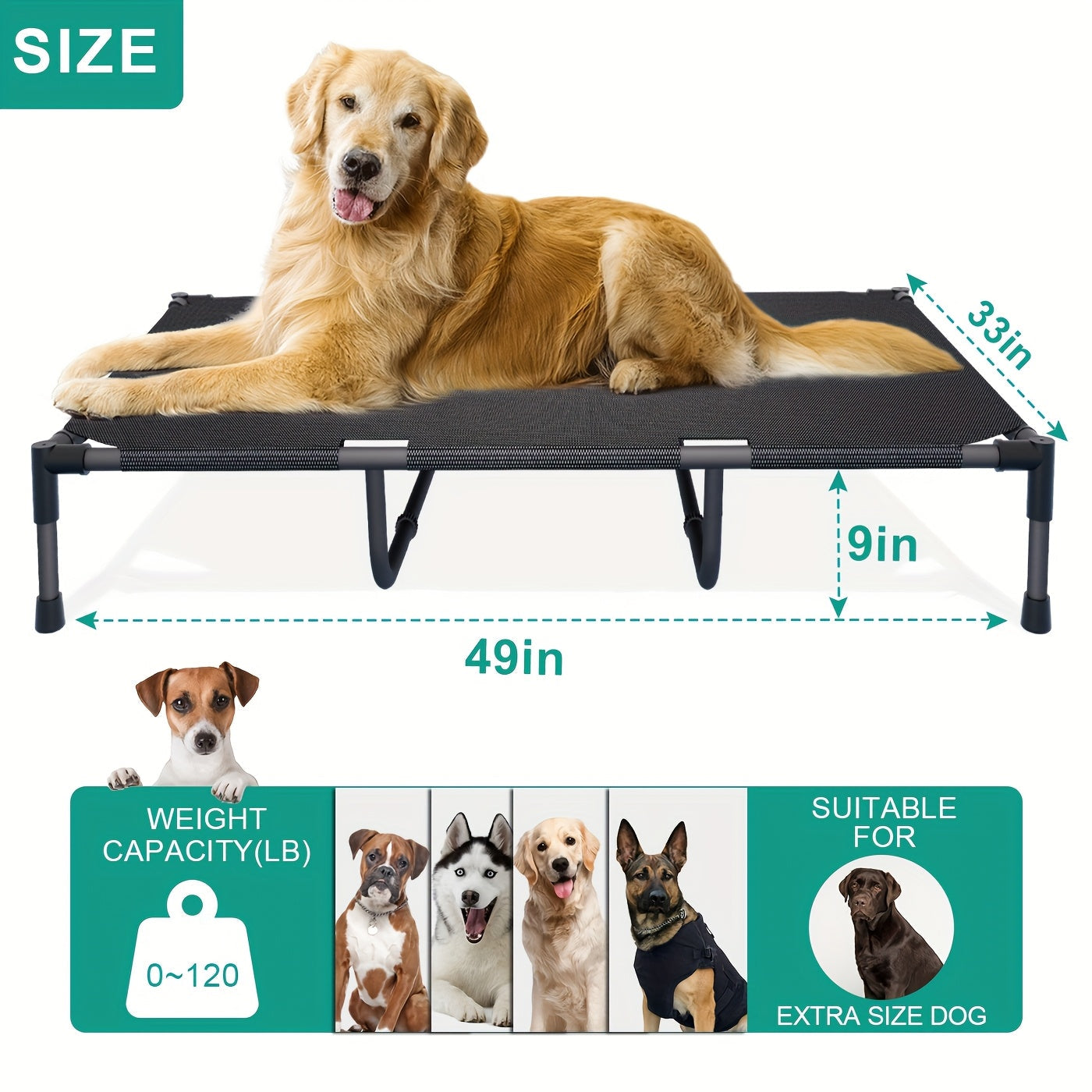 Cooling Elevated Dog Bed & Outdoor Dog Cot - Raised Pet Bed with Washable Breathable Mesh, No-Tool Assembly, Anti-Slip Feet for Large, Medium & Small Dogs, Indoor Outdoor Use