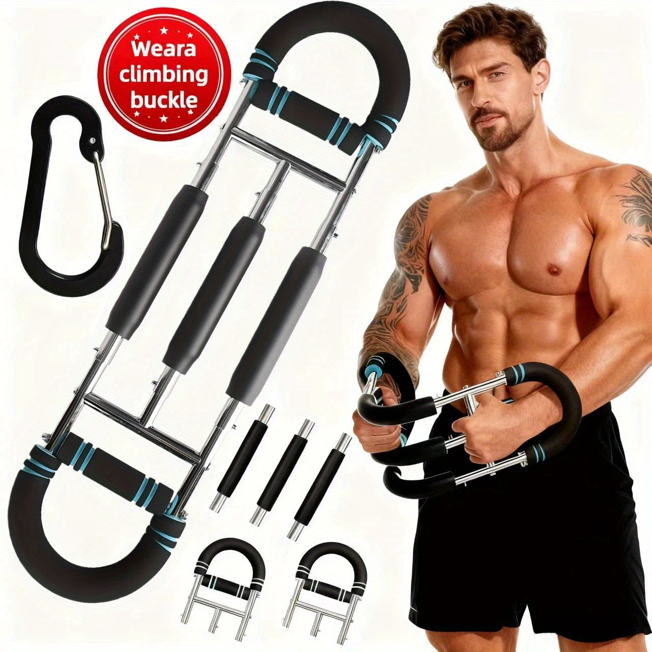 Adjustable Spring Exercise Bar 3-Speed Resistance Arm Trainer for Forearm Triceps Chest Strength, Detachable Portable Home Gym Fitness Equipment, Upper Body Muscle Builder - Black Mini, Red 3-Tube, Blue Reinforced