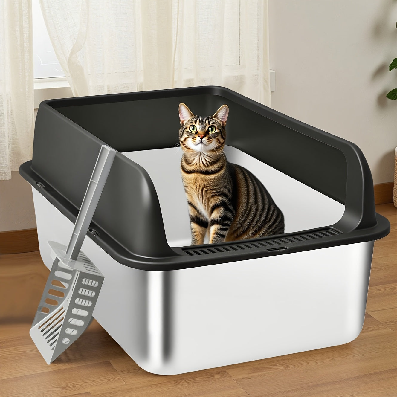 Stainless Steel Cat Litter Box High Sides Anti-Leakage Metal Litter Pan with Scoop Sifting Tray Rust-Proof Odor-Resistant Non-Stick Easy Clean Indoor Cat Toilet Medium Large Cats