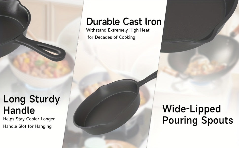 3pcs Cast Iron Skillet Set with Drip Spout – Pre-Seasoned Non-Stick Heavy Duty Cookware for Holiday Cooking, RV Camping, Campfire Meals, Oven & Stovetop Safe Kitchen Gift