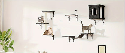 Cat Wall Shelves 5-Piece Set - Wall-Mounted Floating Cat Perch, Climber & Bridge, Modern Cat Furniture for Indoor Cats, Cat Tree Alternative with Cat Bed Platform, Space-Saving Cat House
