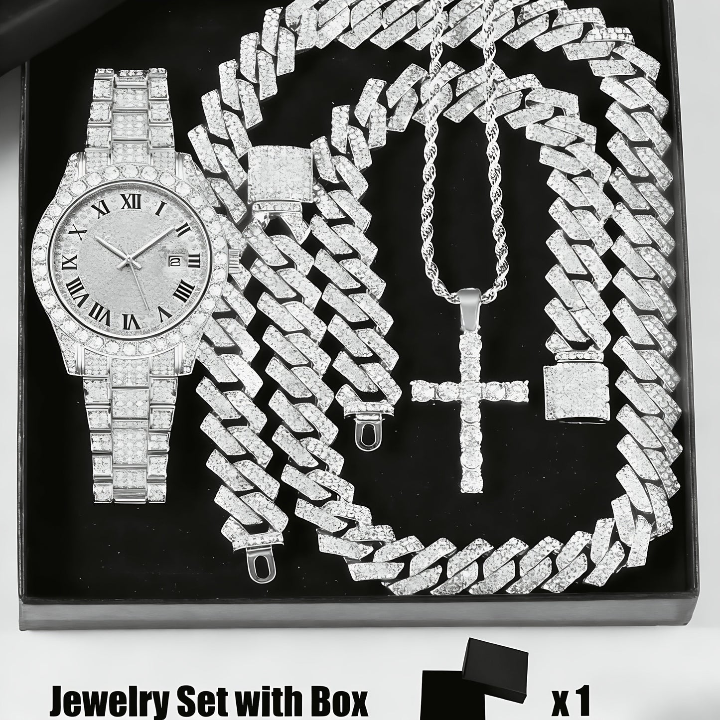 4pcs Rhinestone Watch & Cross Pendant Jewelry Set Quartz Analog Wrist Watch Necklace Bracelet Earrings Unisex Gift for Him Her Wedding