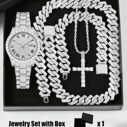 4pcs Rhinestone Watch & Cross Pendant Jewelry Set Quartz Analog Wrist Watch Necklace Bracelet Earrings Unisex Gift for Him Her Wedding