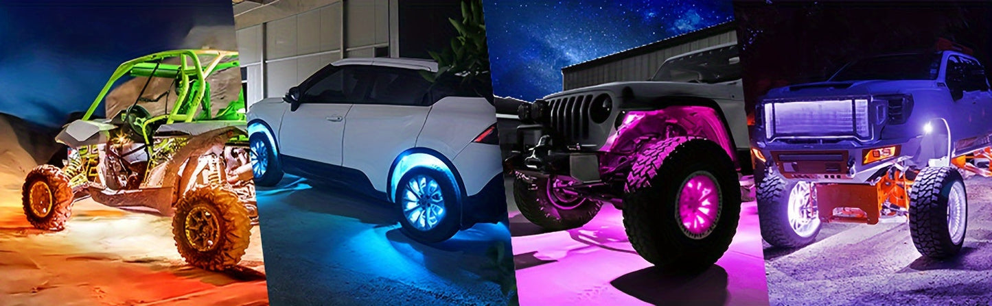 RGB LED Rock Lights Kit for Trucks & Pickup – Sound Activated, APP & Remote Control, Multicolor Underglow Chassis Neon Light, 9 Large Light Beads, 4/6/8/10 Pods Underbody Lighting