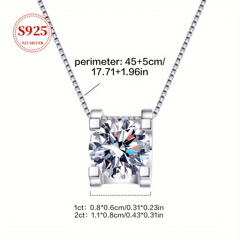 Moissanite S925 Sterling Silver Pendant Necklace for Women – Classic Sparkling Collarbone Chain, 1 or 2 Carat, Engagement, Wedding & Gift for Her, Mother’s Day, Birthday, Holiday