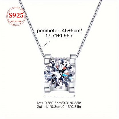 Moissanite S925 Sterling Silver Pendant Necklace for Women – Classic Sparkling Collarbone Chain, 1 or 2 Carat, Engagement, Wedding & Gift for Her, Mother’s Day, Birthday, Holiday