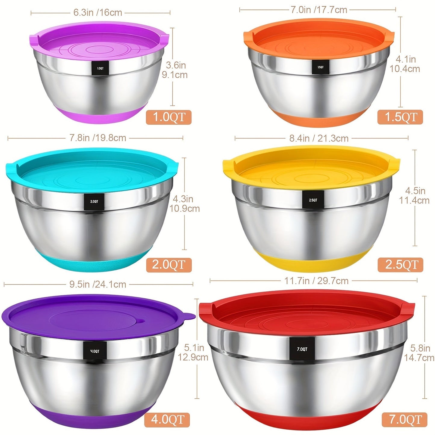 26-Piece Stainless Steel Mixing Bowls Set with Airtight Lids 3 Grater Attachments Non-Slip Bottoms 6 Sizes 7 4 2.5 2.0 1.5 1QT for Mixing Serving Baking Kitchen
