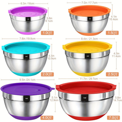 26-Piece Stainless Steel Mixing Bowls Set with Airtight Lids 3 Grater Attachments Non-Slip Bottoms 6 Sizes 7 4 2.5 2.0 1.5 1QT for Mixing Serving Baking Kitchen