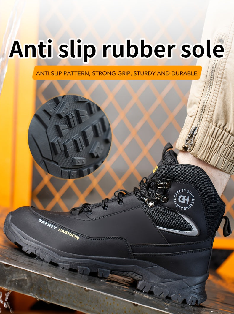 Steel Toe Work Boots for Men Heavy Duty All-Terrain Rubber Sole Cushioned Insole Arch Support Four-Season Construction Industrial Farm Outdoor Boots Black Army Green Sizes US 6-11