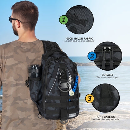 Fishing Backpack Tackle Sling Bag with Rod Holder – Waterproof Hiking Daypack Fly Fishing Bag for Men Women, Tackle Box Storage, Gift for Fisherman Dad