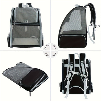 Foldable Ventilated Pet Carrier Backpack for Cats & Dogs – PVC Mesh Airflow, Chest Harness, Removable Mat, Fits Cats up to 18 lbs & Dogs up to 15 lbs, for Travel, Hiking, Flights & Car Rides